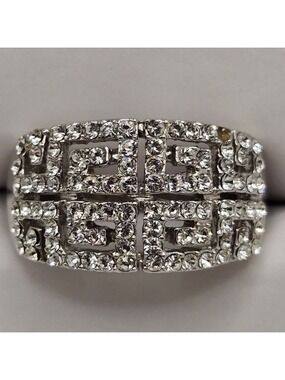 18k GP White Gold Greek Key Pattern Crystal Pave Silver Ring Size 8